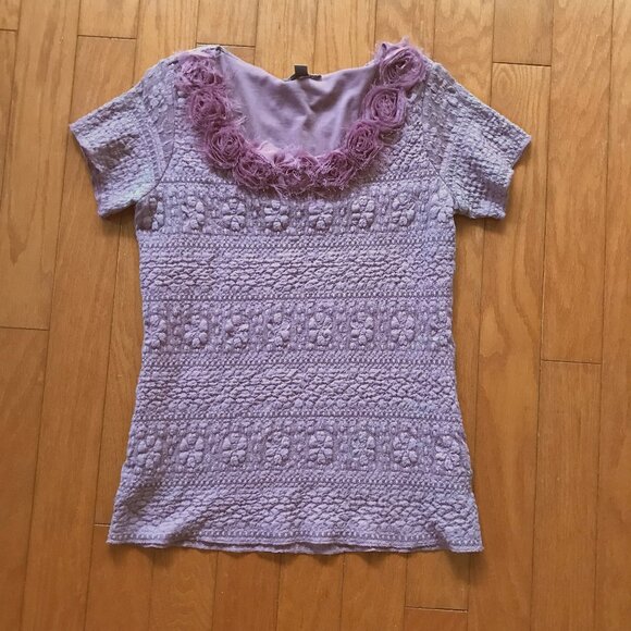 FOREVER FASHION: LILAC PURPLE STRETCH LACE SHORT SLEEVE TOP SIZE M - Picture 4 of 4